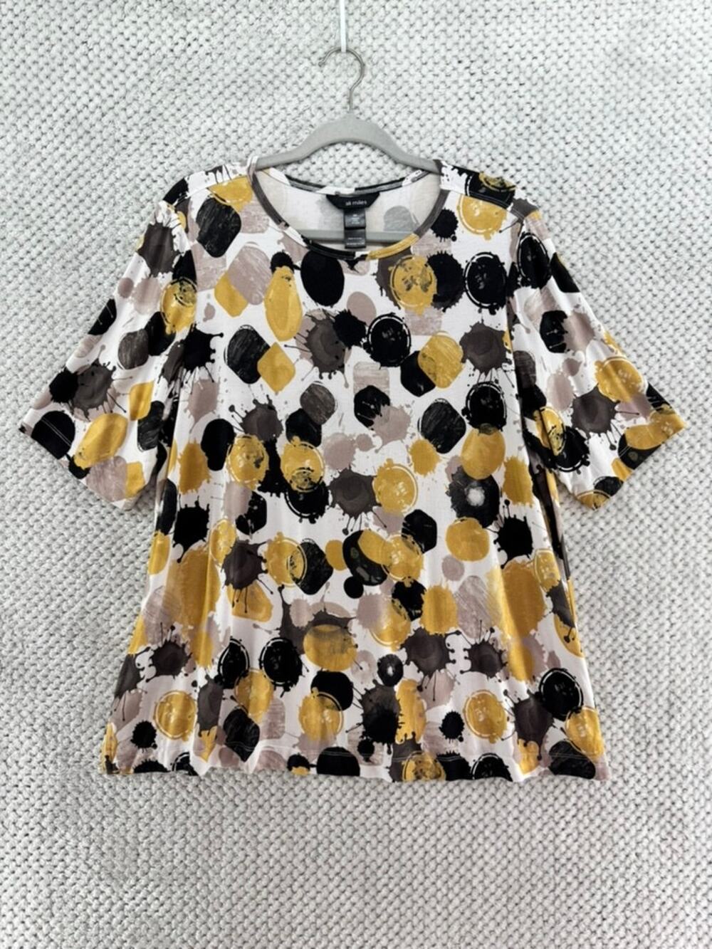 Ali Miles T-Shirt Top Womens 0X Black Mustard Abstract Crew Neck Elevated Tee